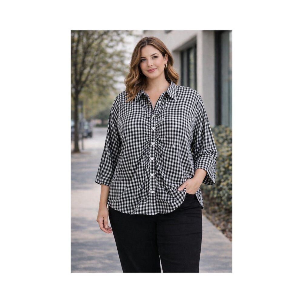 Jessica London Button Up Blouse Plus Size 26 Black White Check Ruched‎ Sleeves